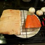 Bacon, salmon, garlic and chillies after smoking