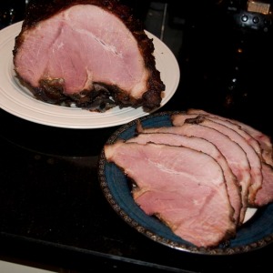 Sliced finished cured and glazed ham