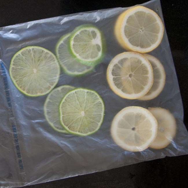 Sliced lemon and lime, bagged for freezing